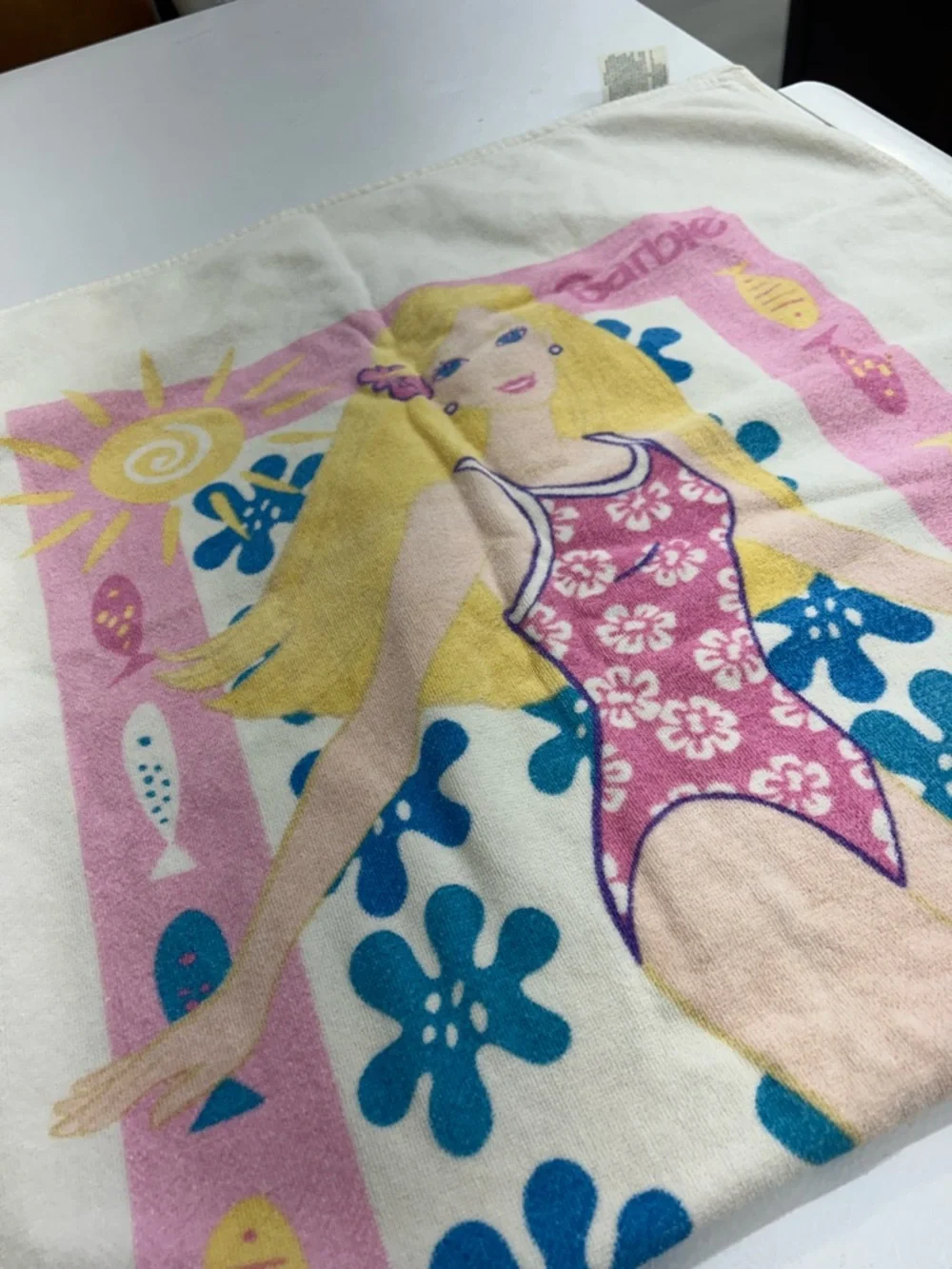 Cotton Barbie Pink, Blue & Yellow Surf Print Beach Towel-Vintage